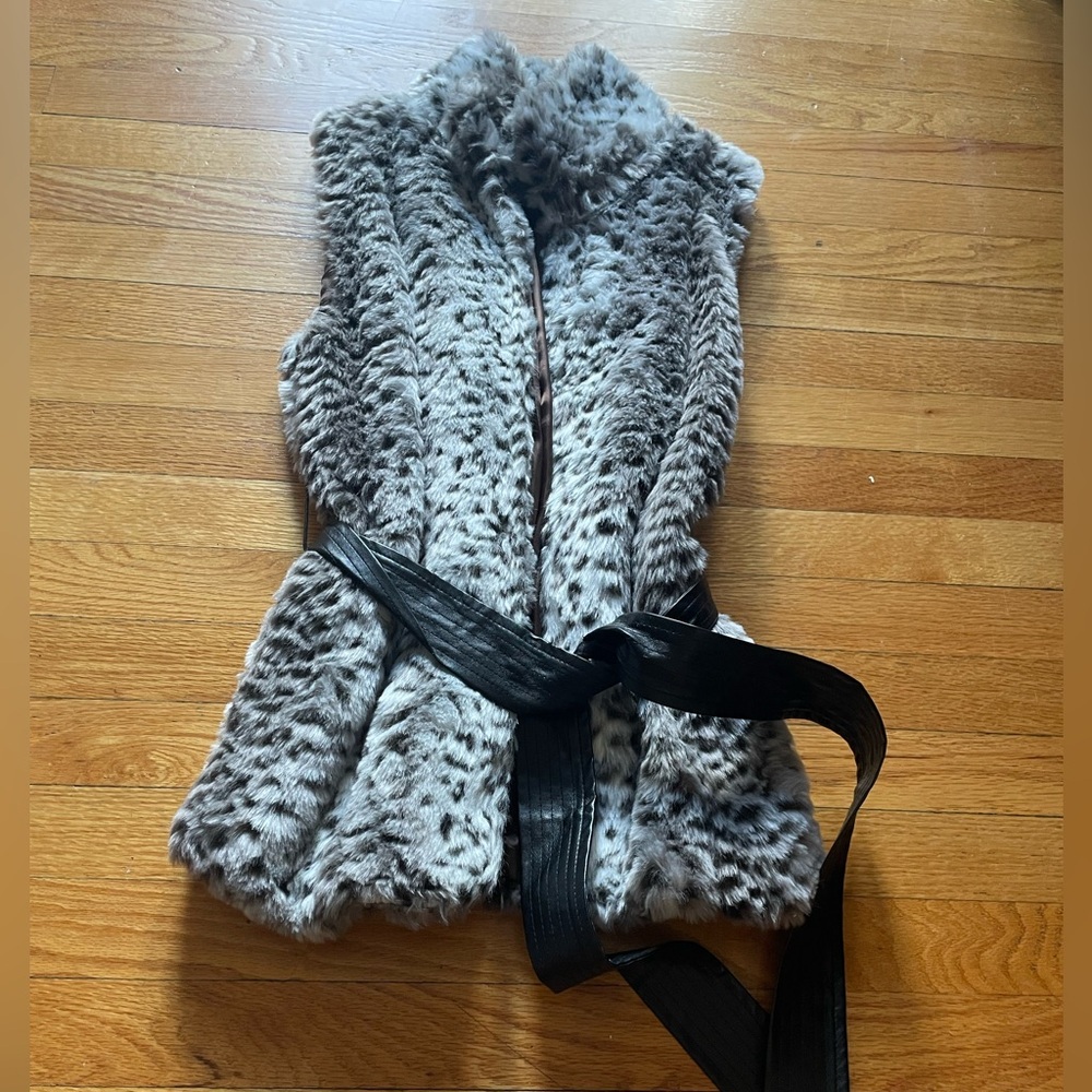 Forever 21 Gray Faux Fur Vest with Black Tie
